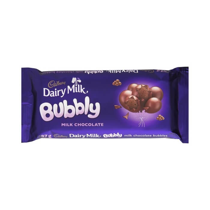 Cadbury Bubbly Milk Chocolate HEAT SENSITIVE ITEM. PLEASE ADD ITEM 122942 TO THE ORDER TO TRY TO PROTECT CHOCOLATES FROM HEAT DAMAGE. 87g