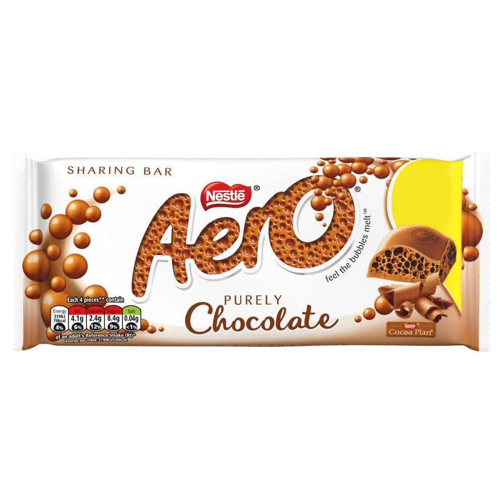 Nestle Aero Milk Chocolate Large Bar HEAT SENSITIVE ITEM. PLEASE ADD ITEM 122942 TO THE ORDER TO TRY TO PROTECT CHOCOLATES FROM HEAT DAMAGE. 90g