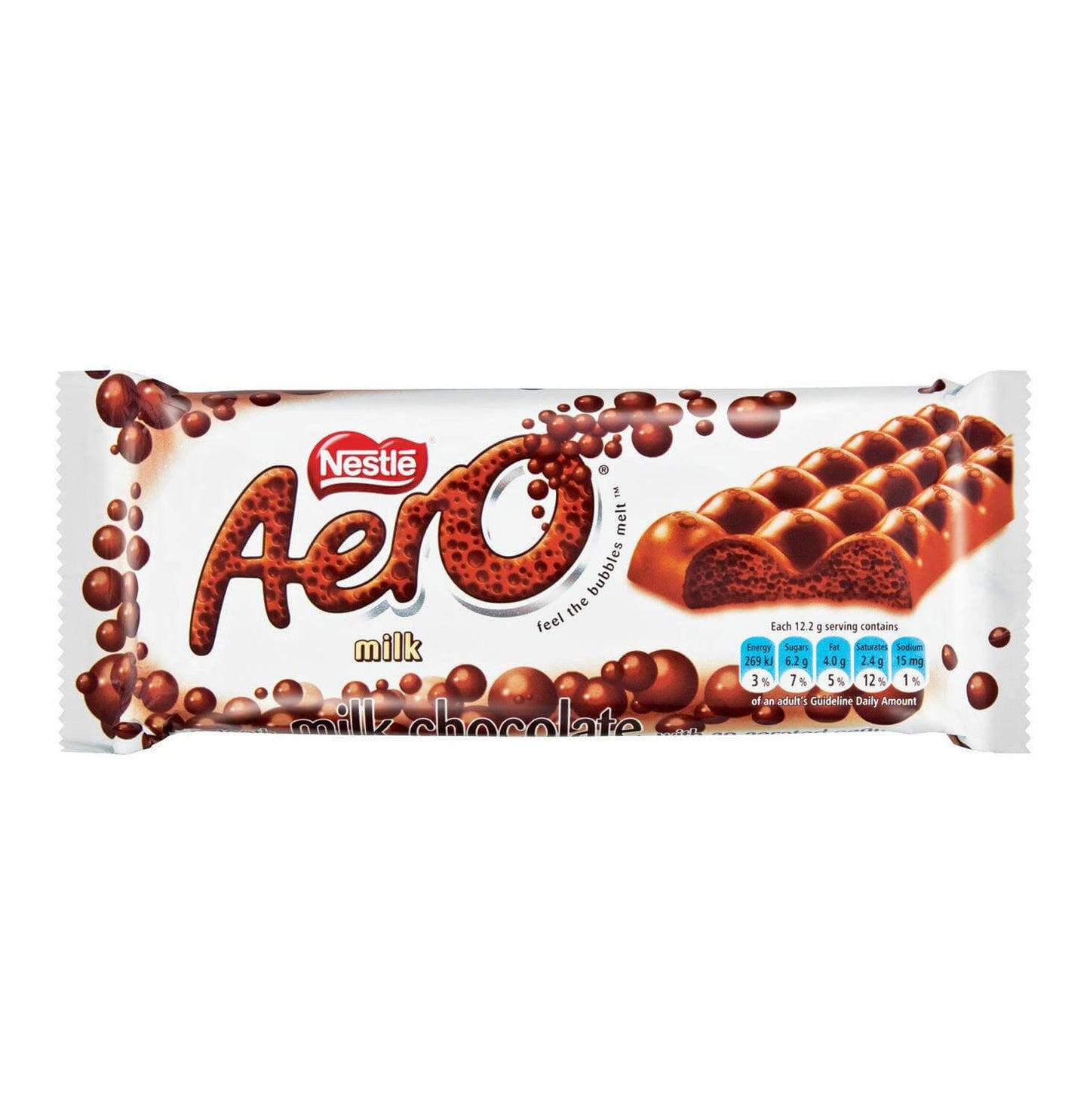 Nestle Aero Milk Chocolate Large Bar (Kosher) HEAT SENSITIVE ITEM. PLEASE ADD ITEM 122942 TO THE ORDER TO TRY TO PROTECT CHOCOLATES FROM HEAT DAMAGE. 85g