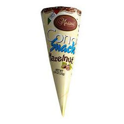 Messori Cono Hazelnut Delicious Wafer Cone with Hazelnut Cream with Dark Chocolate Chips and Puffed Rice HEAT SENSITIVE ITEM. PLEASE ADD ITEM 122942 TO THE ORDER TO TRY TO PROTECT CHOCOLATES FROM HEAT DAMAGE. 25g