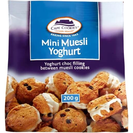 Cape Cookies Mini Muesli Yoghurt HEAT SENSITIVE ITEM. PLEASE ADD ITEM 122942 TO THE ORDER TO TRY TO PROTECT CHOCOLATES FROM HEAT DAMAGE. 200g
