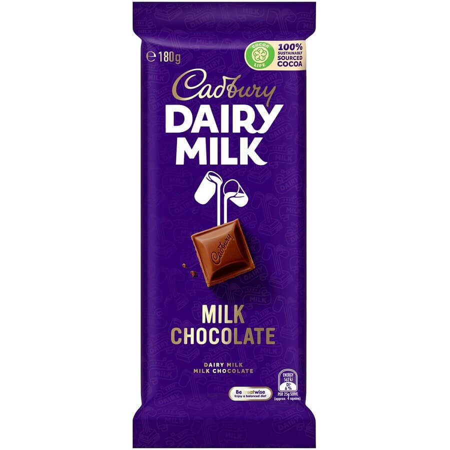 Cadbury Dairy Milk Chocolate slab (Australia) HEAT SENSITIVE ITEM. PLEASE ADD ITEM 122942 TO THE ORDER TO TRY TO PROTECT CHOCOLATES FROM HEAT DAMAGE. 180g