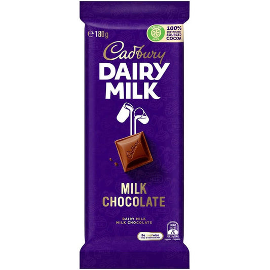 Cadbury Dairy Milk Chocolate slab (Australia) HEAT SENSITIVE ITEM. PLEASE ADD ITEM 122942 TO THE ORDER TO TRY TO PROTECT CHOCOLATES FROM HEAT DAMAGE. 180g
