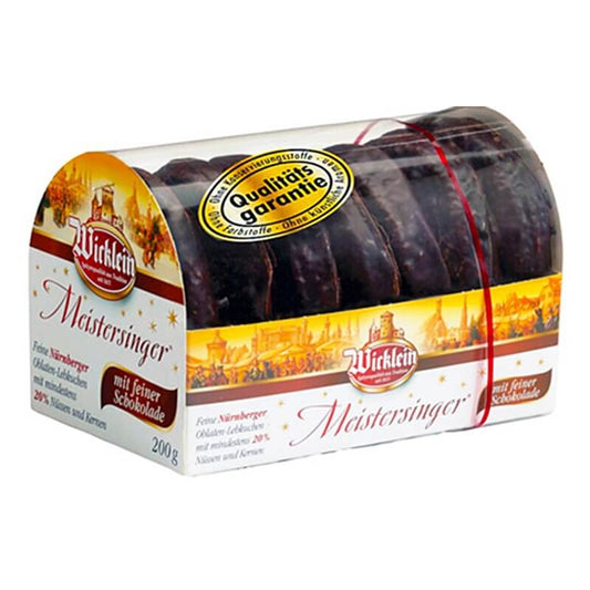 Wicklein Feine Nuremberg Meistersinger Oblaten Lebkuchen With Dark Chocolate 20 percent Nuts HEAT SENSITIVE ITEM. PLEASE ADD ITEM 122942 TO THE ORDER TO TRY TO PROTECT CHOCOLATES FROM HEAT DAMAGE. 200g