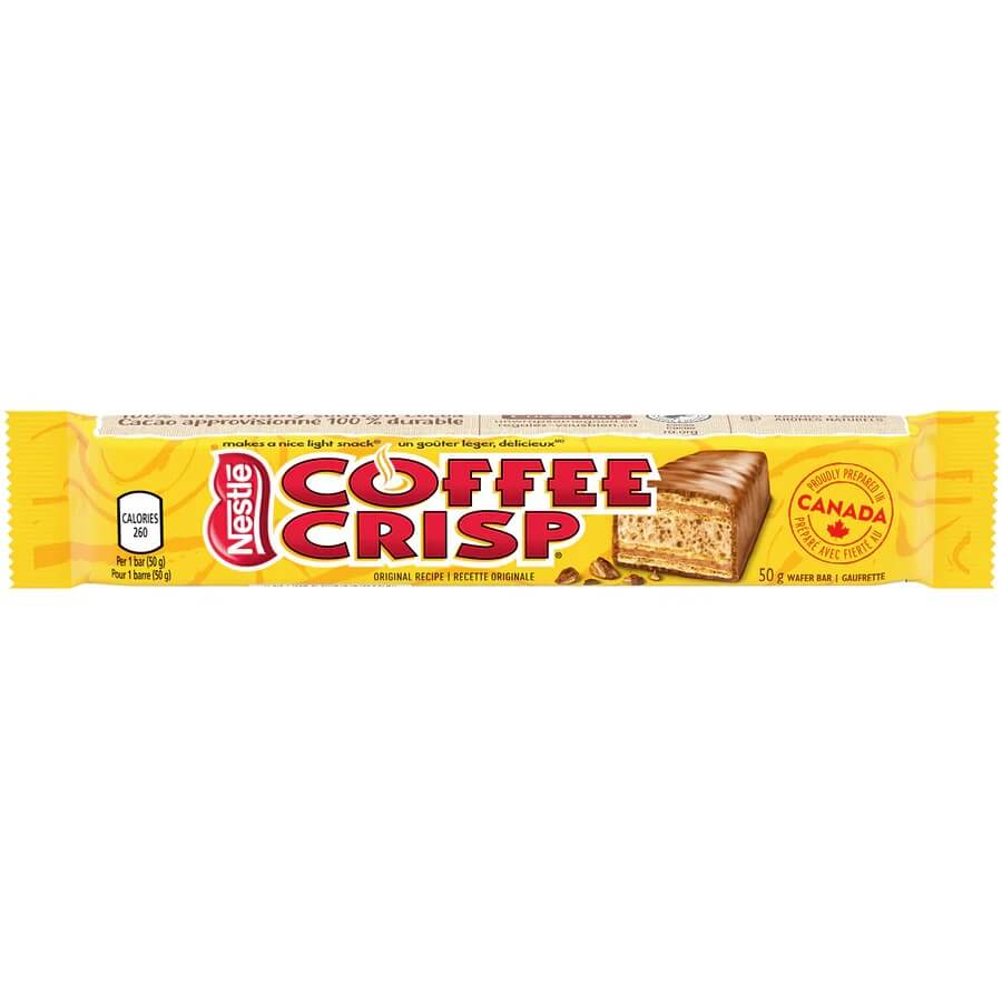 Nestle Coffee Crisp Bar HEAT SENSITIVE ITEM. PLEASE ADD ITEM 122942 TO THE ORDER TO TRY TO PROTECT CHOCOLATES FROM HEAT DAMAGE. 50g