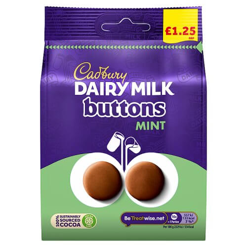 Cadbury Mint Buttons HEAT SENSITIVE ITEM. PLEASE ADD ITEM 122942 TO THE ORDER TO TRY TO PROTECT CHOCOLATES FROM HEAT DAMAGE. 110g