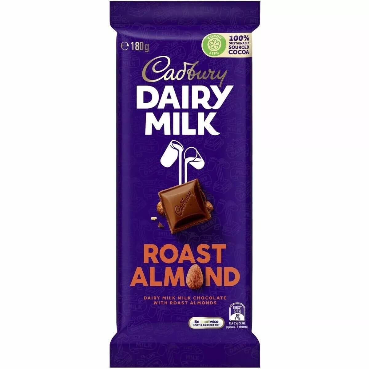 Cadbury Dairy Milk Roast Almond Block (Australia) HEAT SENSITIVE ITEM. PLEASE ADD ITEM 122942 TO THE ORDER TO TRY TO PROTECT CHOCOLATES FROM HEAT DAMAGE. 180g