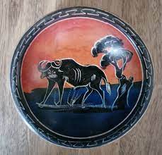 African Hut Soapstone Bowl Size 1 (4") Buffalo Animal Scene 307g