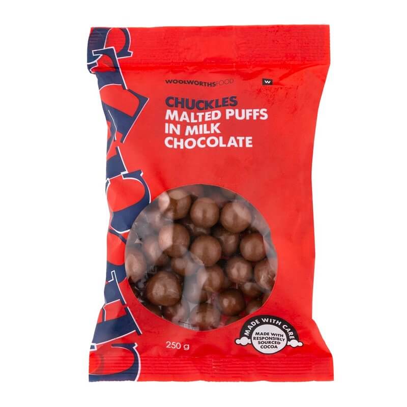 Woolworths Chuckles Malted Puffs in Milk Chocolate Bag 250g