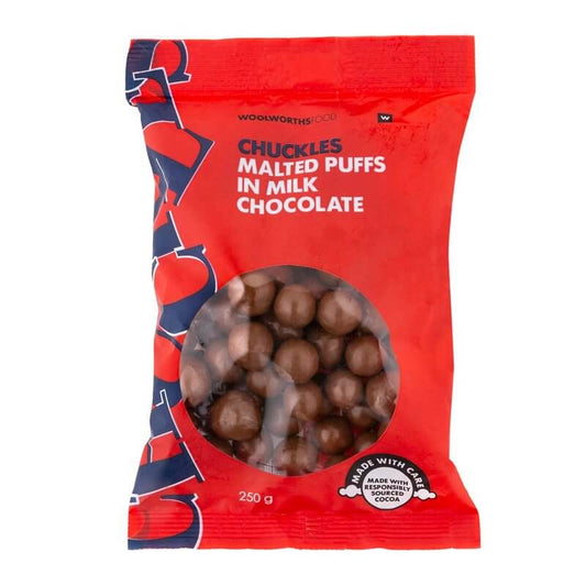 Woolworths Chuckles Malted Puffs in Milk Chocolate Bag 250g