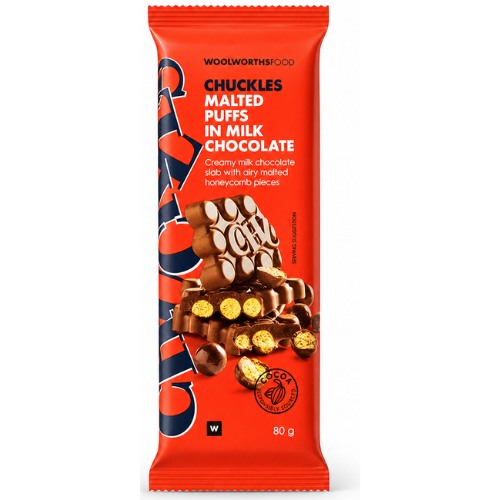 Woolworths Chuckles Malted Puffs in Milk Chocolate Slab 80g