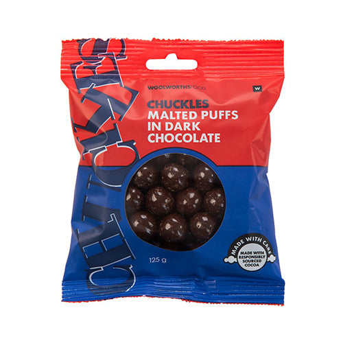 Woolworths Chuckles Malted Puffs in Dark Chocolate 125g