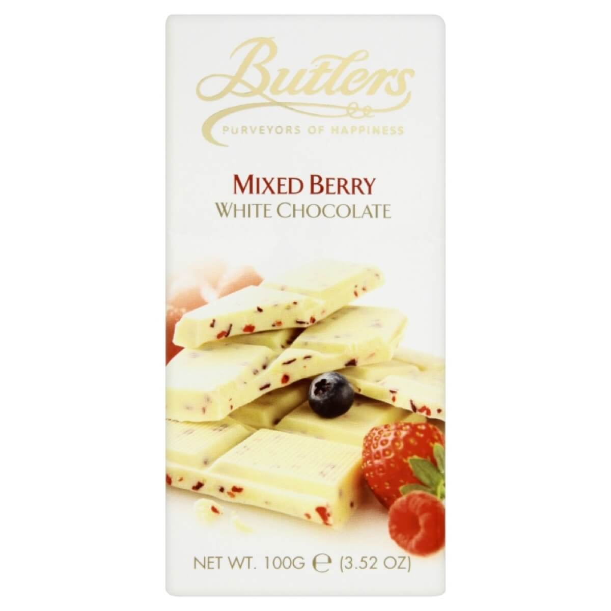 Butlers White Chocolate Bar with Mixed Berries  HEAT SENSITIVE ITEM. PLEASE ADD ITEM 122942 TO THE ORDER TO TRY TO PROTECT CHOCOLATES FROM HEAT DAMAGE 90g
