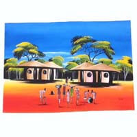 African Hut African Art Village Life During The Day (29" X 17") 50g