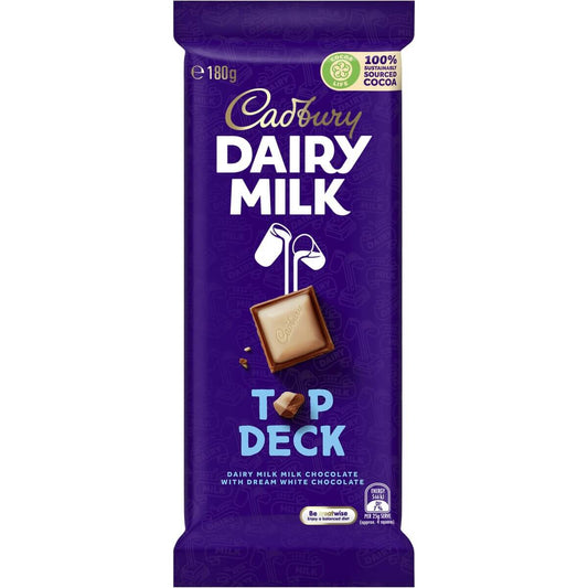 Cadbury Dairy Milk Top Deck (Australia)  HEAT SENSITIVE ITEM. PLEASE ADD ITEM 122942 TO THE ORDER TO TRY TO PROTECT CHOCOLATES FROM HEAT DAMAGE. 180g