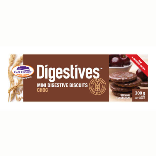 Cape Cookies Chocolate Digestives  HEAT SENSITIVE ITEM. PLEASE ADD ITEM 122942 TO THE ORDER TO TRY TO PROTECT CHOCOLATES FROM HEAT DAMAGE. 200g