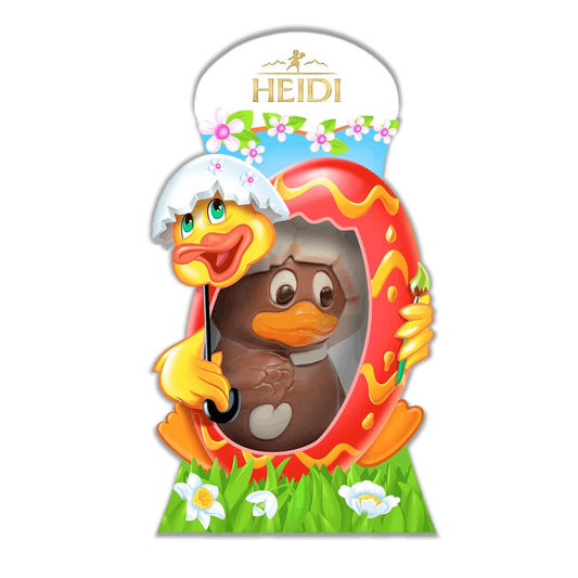 Heidi Easter Duck with Umbrella  HEAT SENSITIVE ITEM. PLEASE ADD ITEM 122942 TO THE ORDER TO TRY TO PROTECT CHOCOLATES FROM HEAT DAMAGE. 75g