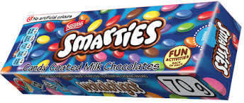 Nestle Smarties Box SA HEAT SENSITIVE ITEM. PLEASE ADD ITEM 122942 TO THE ORDER TO TRY TO PROTECT CHOCOLATES FROM HEAT DAMAGE. 70g