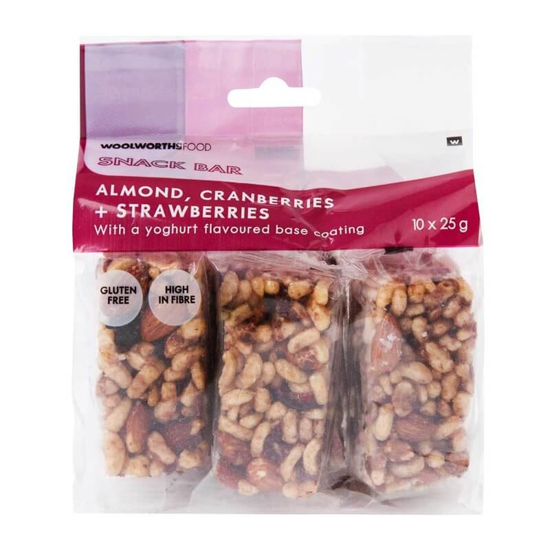 BEST BY JUNE 2026: Woolworths Almond Cranberry and Strawberries Snack Bars Multipack 10pk 250g