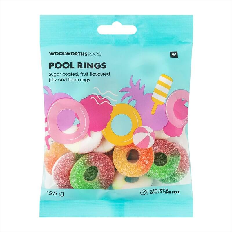 Woolworths Fruit Flavoured Pool Rings Sugar Coated Jelly Foam Gummies 125g