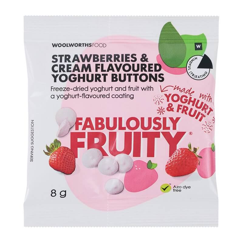 Woolworths Fabulously Fruity Strawberries and Cream Yoghurt Buttons 8g