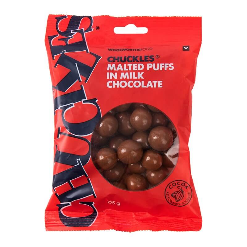 Woolworths Chuckles Malted Puffs in Milk Chocolate 125g