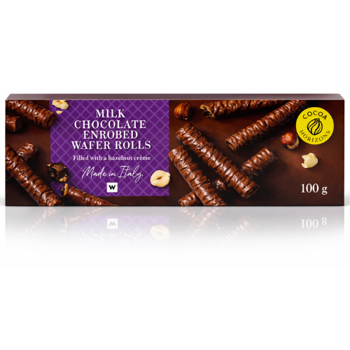 Woolworths Milk Chocolate Enrobed Wafer Rolls with Hazelnut Creme 100g