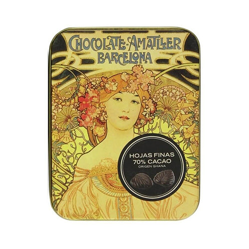 Amatller 70 Percent Dark Chocolate Leaves in a Gift Tin 60g