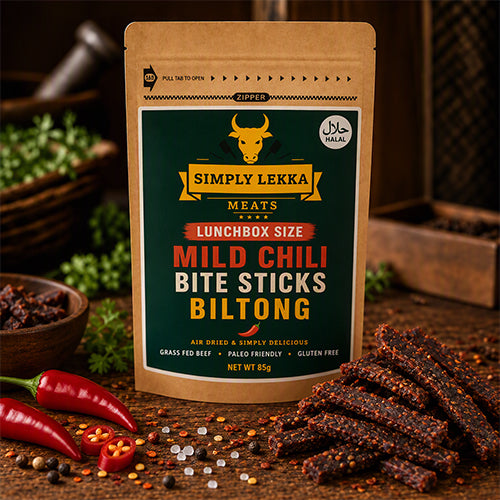 Simply Lekka Meats Lunchbox Size Mild Chili Bite Sticks Halal Biltong 85g