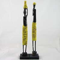 African Hut Wooden Statue Pair Medium with Yellow Beading (Approx. 13 Inches) 166g