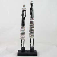 African Hut Wooden Statue Pair Medium with White Beading (Approx. 13 Inches) 166g