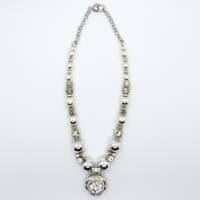 African Hut Necklace - Pewter Bead Pendant Necklace with A Decorative Crystal Circle 158g