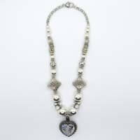 African Hut Necklace - Pewter Bead Pendant Necklace with A Decorative Crystal Heart with Lattice Work 159g