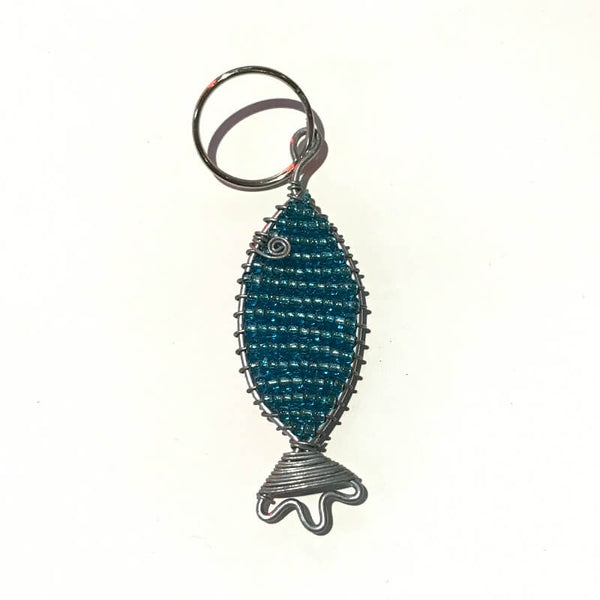 African Hut Beaded Blue Fish Keyring 15g